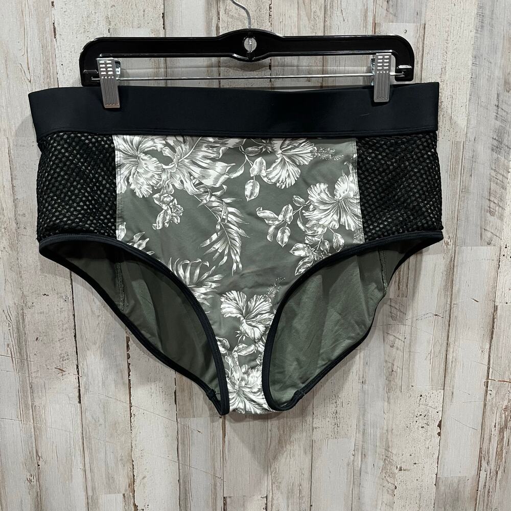 Skye+ Swimwear Green Floral Hibiscus Black Mesh Side Bikini Swim Bottoms 1X